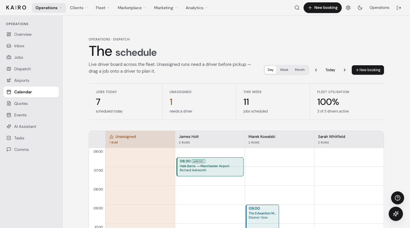Kairo driver schedule board: jobs today across driver columns with live utilisation and an unassigned run flagged
